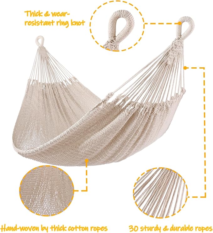 ZEAN Handwoven Hammock by Thick Cotton Rope XL Two Person Hammock for Outside, Patio Backyard Garden 550LB Capacity - Image 5