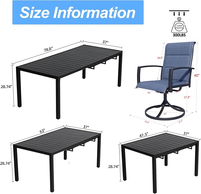 MEOOEM Expandable Outdoor Dining Set for 8, Modern 9 Piece Outdoor Dining Table Set with Highback Swivel Chairs 450LBS, All Weather Heavy Duty 8 Person Outdoor Dining Table Set for Outside, Navy Blue - Image 6