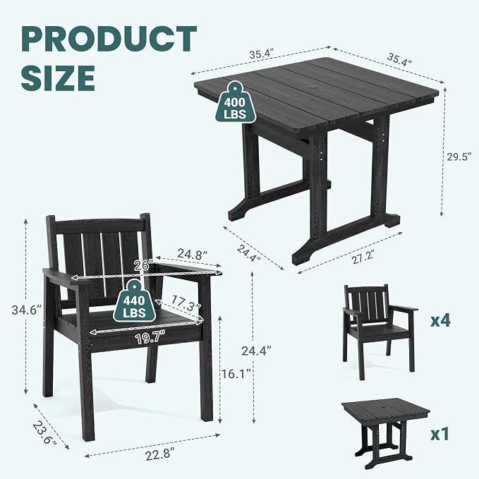 Pamapic 5 PCS Outdoor Dining Set, Spacious HDPE Outdoor Table and Chairs, Wood Grain Patio Furniture Sets with Elegant Armrest, All-Weather Patio Dining Table with Umbrella Hole, Black - Image 4