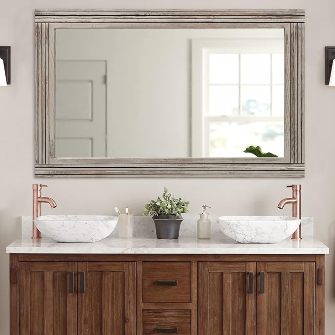 YOSHOOT Hand-Made Wooden Spliced Wall Mirror for Bathroom, Rustic Farmhouse Vanity Mirror, Décor Wall Art, Solid Wood Frame, Vertical or Horizontal Hanging by YOSHOOT