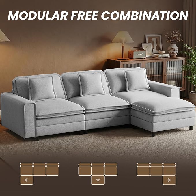 Modular Sectional Sofa 107", Comfy Cloud Couch with Ottoman, Deep 4-Seat L Shaped Modular Sofa, Couches with Throw Pillows for Living Room, Light Grey