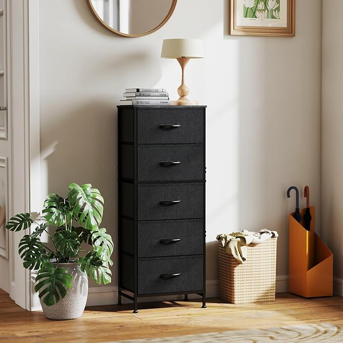 DUMOS Nightstand with 5 Drawers Bedside Table with Removable Fabric Bins Sturdy Steel Frame Wood Top Organizer Furniture for Bedroom Closet Living Room, Black - Image 2