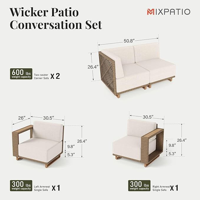 Outdoor Patio Furniture Set, 6 Piece U Shape Patio Couch Rattan Wicker Sofa, Sectional Modular Outdoor Conversation Set with 10" Extra Thick Cushions for Deck Backyard Lawn