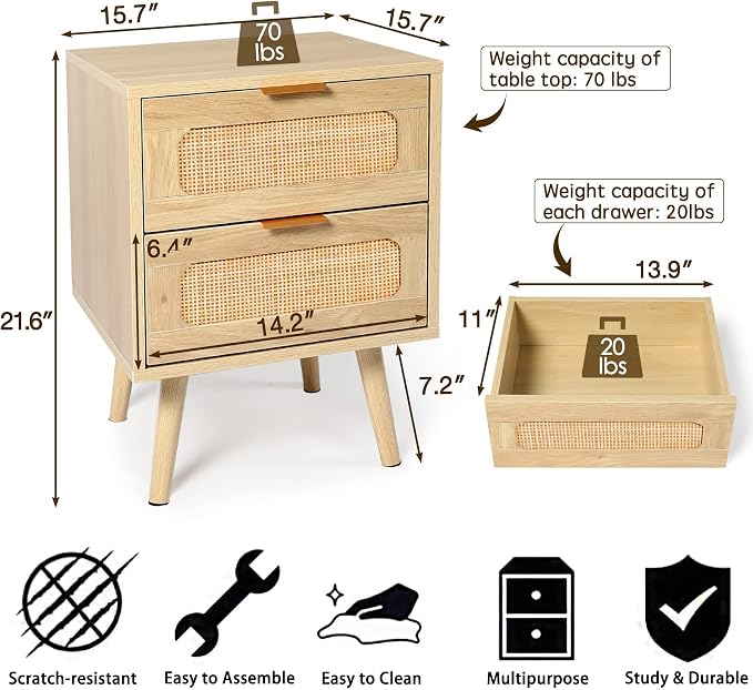 HOPUBUY Nightstands Set of 2 with Rattan Drawer, Modern Night Stand for Bedrooms, Wooden 2 Drawer Bedside Table Side Table for Small Place and Bedroom (Oak, 2 Drawers 2 Pack) - Image 9