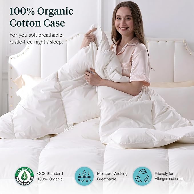 Feathers & Down Comforter, Organic Duvet Insert, 100% Cotton Shell, Ethically-sourced Feathers and Down Filler, All Season Warm, King Size, White