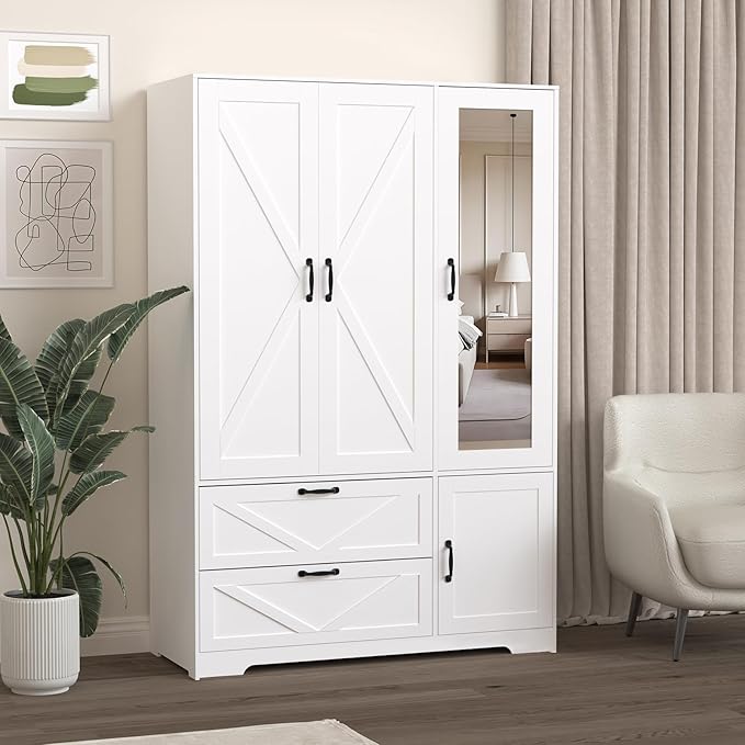 White 3 Door Wardrobe Closet with Mirror, Bedroom Armoire Wardrobe Closet with Lights, 2 Drawers, Hanging Rod and Cabinet, Large Clothes Storage Organizer, 47.2 x 19.68 x 71.65 in
