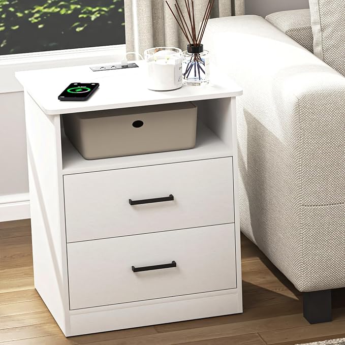 Night Stand with Charger Station, Modern Nightstand with USB Type-C Ports and AC Outlets, Large Bedside Table with 2 Drawers and Open Storage, Wooden End Table for Bedroom (White, 2 Drawers) - Image 3
