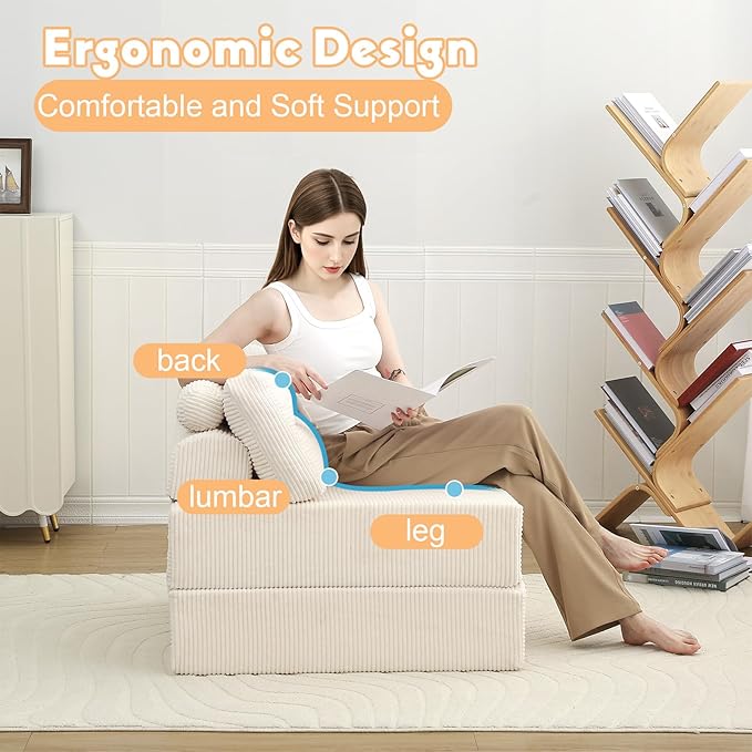 MeMoreCool Folding Sofa Bed – Convertible Sleeper Chair with Pillow, Beige, 31.5″ × 70.1″ Shredded Foam Lounge Chair for Living Room, Bedroom, Small Spaces | Headrest & Lumbar Support, Corded Fabric
