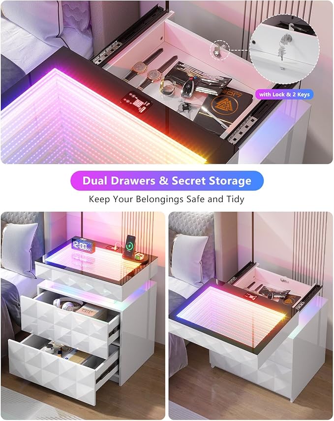 Dystler Night Stand with Charging Station and RGB Lights, LED Nightstand with Tempered Glass and Sliding Top, 3 Drawers Bedside Table with Hidden Storage, Lockable End Side Table for Bedroom, 2 White - Image 6