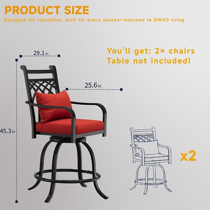 DWVO Metal Outdoor Bar Stools Set of 2, Heavy-Duty Bar Height Outdoor Chairs 352 Lbs Capacity, All-Weather E-Coated Swivel Barstools with Red Cushion & Pillow for Patio Deck Balcony - Image 2