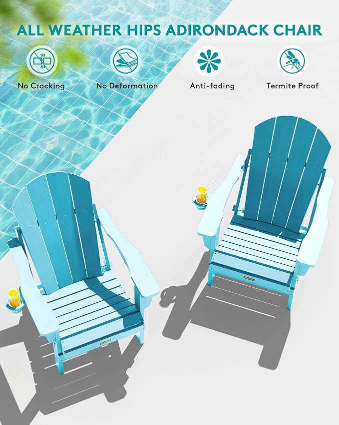 SERWALL Folding Adirondack Chair with Cup Holder Weather Resistant Patio Chair Outdoor Chairs Painted Adirondack Chairs Set of 2 - Aruba Blue - Image 9