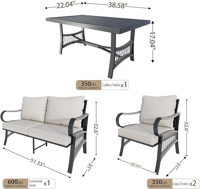 4 Pieces Patio Conversation Sets, Outdoor Furniture with Metal Waterproof 2 Single Chairs with 5" Extra Thick Cushion 1 Loveseat Sofa with Coffee Table, Beige