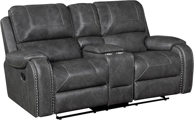 Lexicon Modern Double Reclining Loveseat, Faux Leather Recliner Loveseat with Nailhead, Center Console, Receptacle and USB Ports, Manual Recliner Loveseat Couch for Living Room/Office/Apartment, Grey