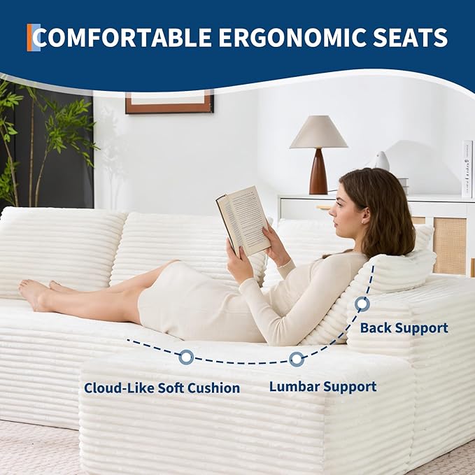 Boneless Couch U Shaped Sectional 130'' Modern Modular Cloud Couch with 2 Chaise Lounge, 4-Seat Corduroy Deep Seat Sofa with Pillows for Living Room