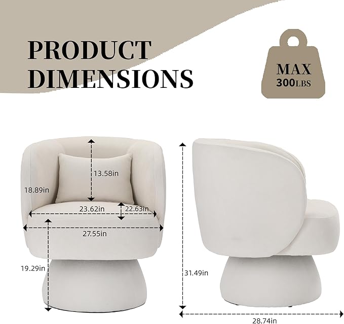 ClinQ Swivel Barrel Chair with Pillow Set of 3, Cloud Velvet Accent Chair, Upholstered Cuddle Reading Lounge Chair, 360° Modern Boucle Swivel Curved Armchair for Living Room, Bedroom, Office, White