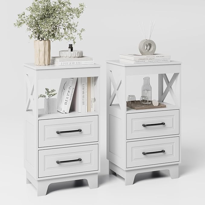 Tall Nightstand Set of 2 Side Table with 2 Drawers Modern Night Stand Wooden End Table Bedside Table with Upper Open Shelf Solid Feet for Bedroom, White by ZYKZYKHOME