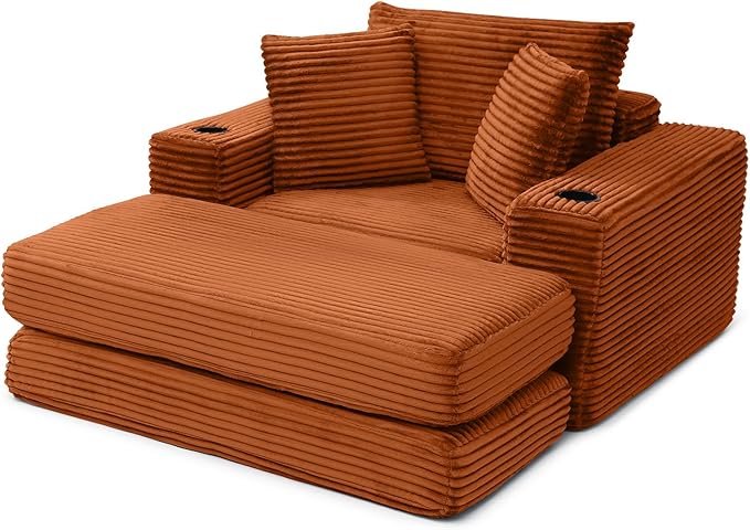 Eafurn 52.4" Oversized Chaise Lounge Indoor with Foldable Ottoman Convertible Boneless Sleeper Sofa Bed, Deep Seat Lounge Chair with Cup Holder & Side Pocket, No Assembly for Living Room | Breathable material, Cupholders