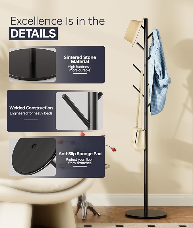 Coat Rack with 8 Hooks, 3 Adjustable Heights, Modern Hall Tree, Sturdy Metal Clothes Stand with Sintered Stone Base for Entryway, Office, Bedroom, for Coats, Hats, Handbags and Scarves, Black - Image 3