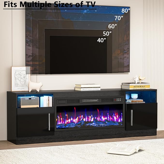 PRETZI Fireplace TV Stand with 36" Fireplace Up to 80" TVs, 70" Entertainment Center with LED Lights, Remote Control, TV Media Console with Storage Cabinets for Living Room, Black - Image 7