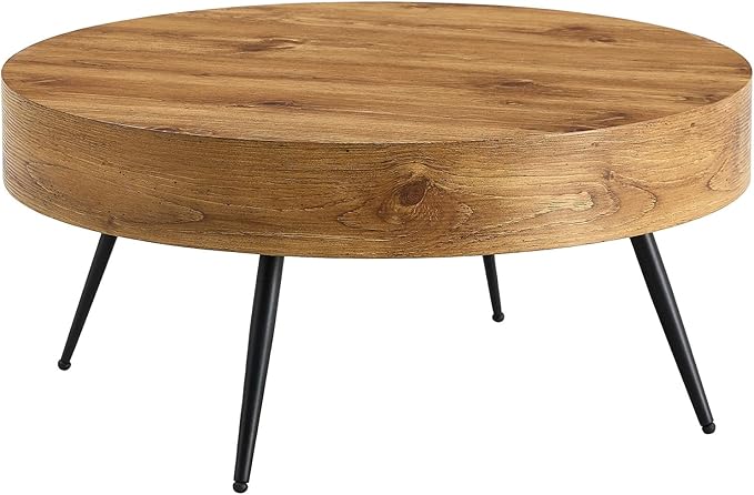 Round Coffee Table, Small Wood Coffee Table with Storage, Modern Mid Century Circle Tables Accent Center Tables for Living Room Apartment Small Space (31.5''D-Brown)