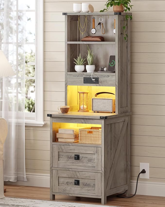 Farmhouse Tall Nightstand Set of 2 with Charging Station and 2 Drawers,Led Night Stand Set of 2 with Bookshelf,Bedside End Side Table with Storage Shelves for Bedroom, Grey - Image 2