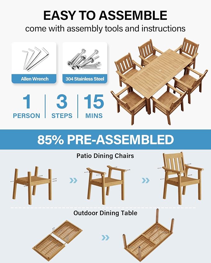 YEFU Outdoor Dining Table for 6: All Weather Rectangular Patio Table with Umbrella Hole and Aluminum Frame - Outdoor Furniture for Outside Backyard/Garden/Pool/Porch/Deck, 300lbs Capacity, Teak - Image 2