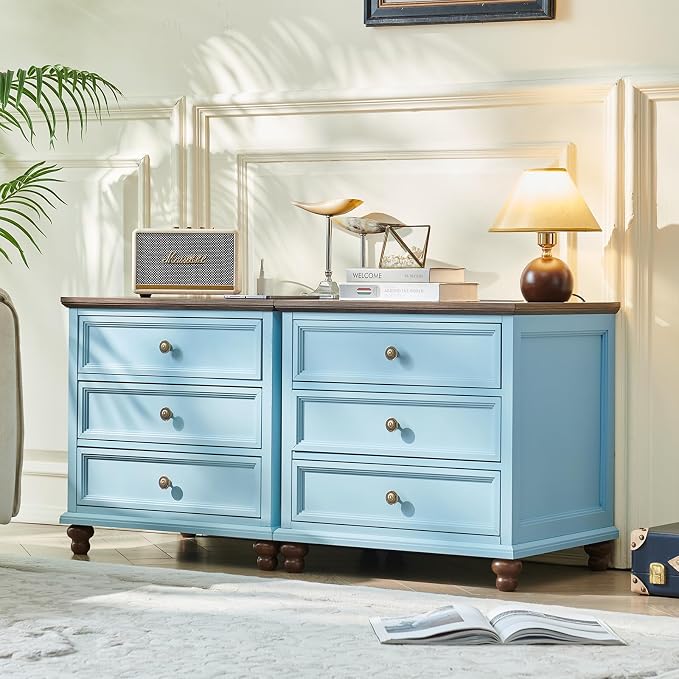 Joaxswe Farmhouse Nightstand Set of 2 with Charging Station, 24" Wide End Table with 3 Drawers,Dresser for Bedroom,Bed Side Table Chest of Drawers Cabinet,Wood Light Blue Night Stand for Living Room by Joaxswe