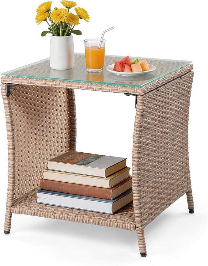 VINGLI Outdoor Wicker Side Table Patio Side Tables for Outside, Tempered Glass Top Wicker Table with Storage End Table for Balcony Porch Deck (Natural) by VINGLI