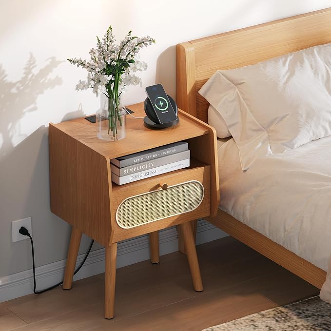 JOINICE Night Stand Set 2, Mid Century Modern Nightstands Drawer, Rattan Bedside Table with Charging Station, Boho End Table with Storage, Wood Bed Side Tables for Bedroom, Small Space, Cherry - Image 3
