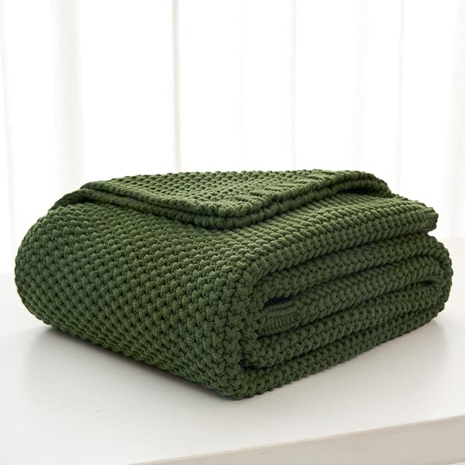 Chunky Cable Knit Throw Blanket Lightweight Olive Green 100% Organic Cotton Blanket for Sofa Couch Bed Baby Nursery, Rustic Shabby Chic Modern Farmhouse, 60” x 80” Give Laundering Bag