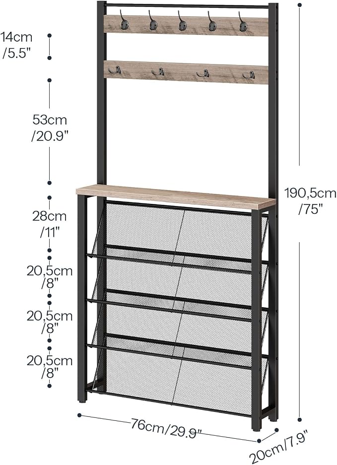 HOOBRO Hall Tree with Bench, Narrow Shoe Rack with Coat Rack, Coat Rack with Shoe Storage, 5 Tier Slanted Shoe Storage Organizer, Coat and Shoe Rack Entryway, Slim Hall Tree, Greige BG20MT01 - Image 3