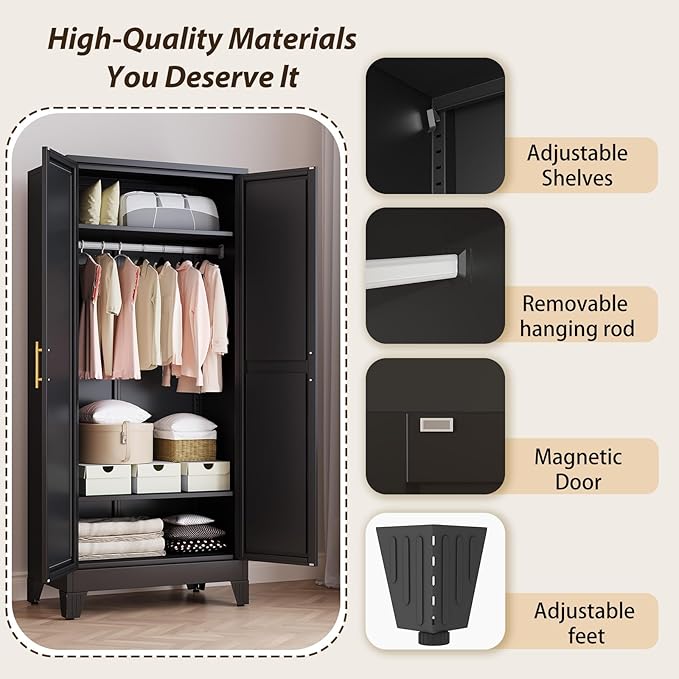 Metal Wardrobe Storage Cabinet with Mirror and Hanging Rod,71'' Metal Clothing Cabinet with 2 Doors and 2 Adjustable Shelves for Bedroom, Laundry Room, Cloak Room (Black)