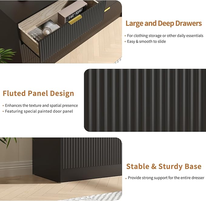 Black Dresser and Nightstand Sets, 6 Drawer Dresser Set for Bedroom 3 Piece, 55” Wide Fluted Wood Dressers W/Metal Handle & Night Stand Set of 2, Modern Bedroom Furniture Sets, Black