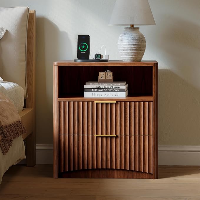 Evermagin Fluted Nightstand Set of 2 with Charging Station, Walnut Bedside Table with 2 Drawers, Wood End Table with Storage Mid Century Modern, Large Night Stand for Bedroom - Image 4