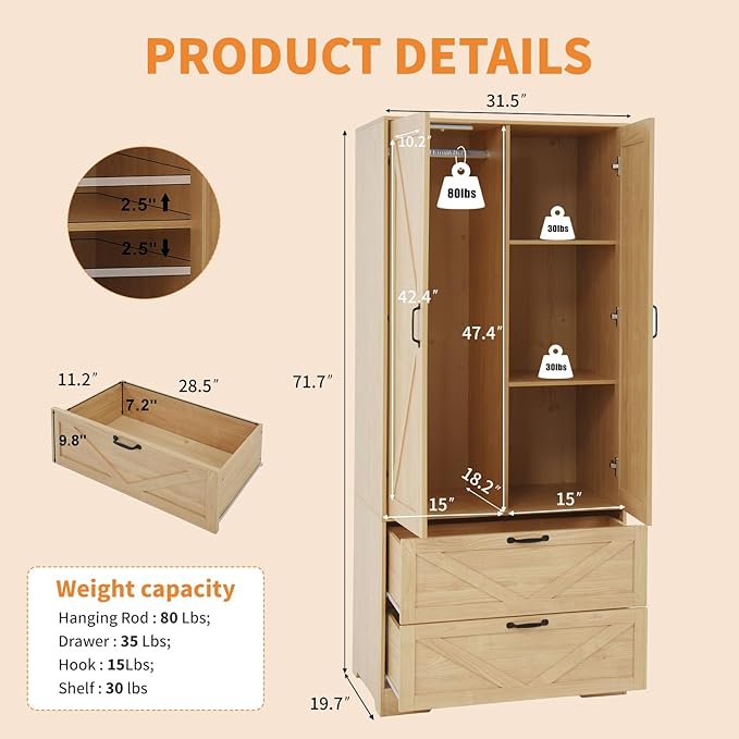 Armoire Wardrobe Closet with Mirror and 2 Drawers, 72'' Bedroom Armoire Wardrobe Cabinet with Hanging Rod and Light,Wooden Bedroom Closet with Adjustable Shelf