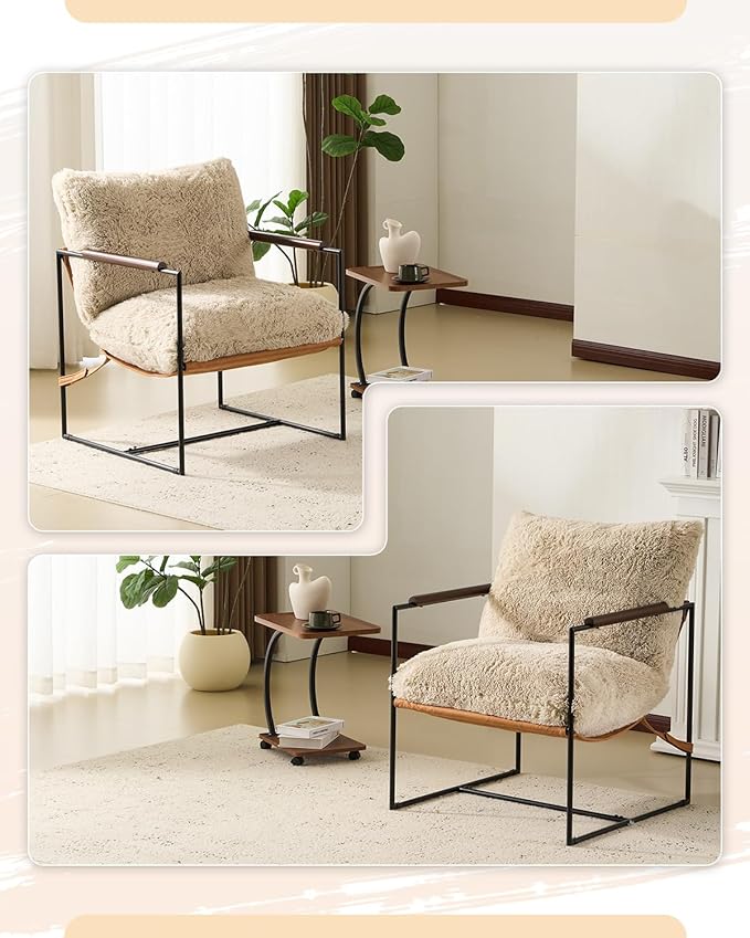 Karl home Modern Accent Chair Plush Fleece Upholstered Living Room Chair with Metal Frame Wooden Armrest Comfy Lounge Armchair for Living Room, Bedroom, Balcony, Reading Room, Khaki