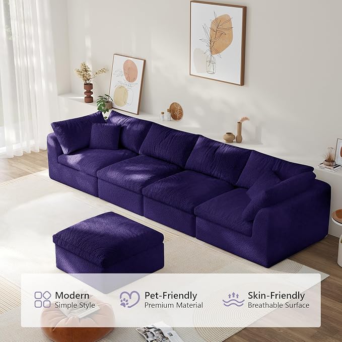 138" Modular Sectional Sofa Boneless Cloud Couch for Living Room, L Shape Deep Seat Recliner Sofa with Ottoman, Adjustable Backrest & 2 Throw Pillows - Covers Washable, (Purple, 4 Seater+1 Ottoman)