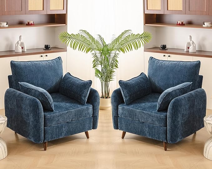Rexulqo Oversized Accent Chair Set of 2,All Seats Storage,Comfy Armchair,24.5'' Deep Seat,Upholstered Living Room Chairs,Reading Chair for Bedroom,Office,Chenille,Blue