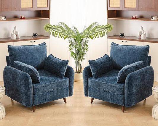 Rexulqo Oversized Accent Chair Set of 2,All Seats Storage,Comfy Armchair,24.5'' Deep Seat,Upholstered Living Room Chairs,Reading Chair for Bedroom,Office,Chenille,Blue