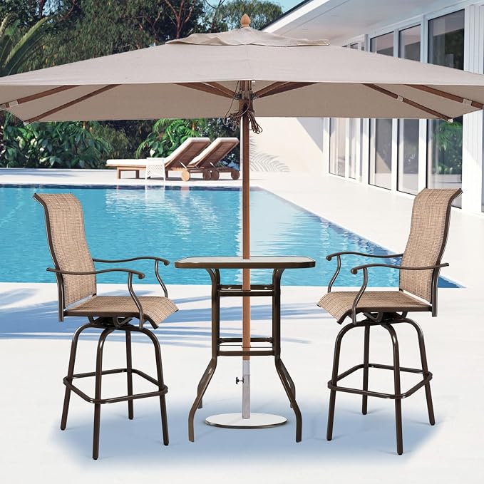 VINGLI Outdoor Bar Table with Umbrella Hole, Metal Patio Bar Height Pub Table for Patio High Top (Brown) - Image 2
