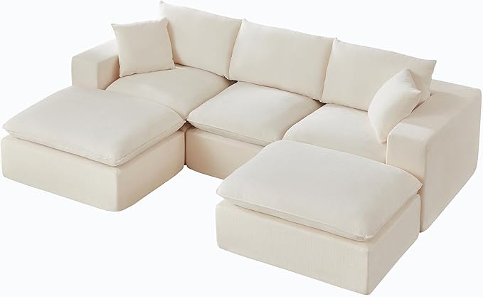 Cloud Modular Sectional Couches Boneless Sofa for Living Room, Oversized U Shaped Floor Couch with Movable Ottomans, Memory Foam Compressed 4 Seater Sofa for Bedroom Apartment | Plush, Wider Armrest, Free Combination