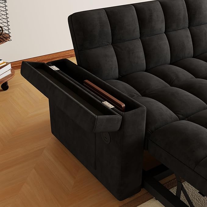 Convertible Sofa Bed, 5-in-1 Pull Out Couch with Side Table, Loveseat Sleeper Sofas Bed Couch with USB Port, 65‘’ Velvet Pull Out Sofa Beds for Living Room, Bedroom, Apartment