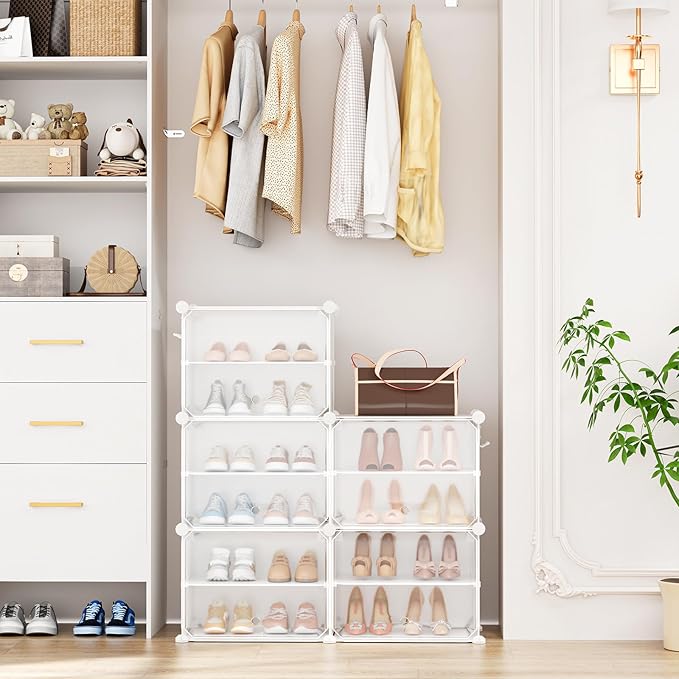 Shoe Rack 10 Tier Shoe Storage Cabinet with Door 20 Pair Tall Shoes Rack Organizer Free Standing Expandable Stable Plastic Easy Assembly Shoes Shelf for Closet Hallway Entryway Bedroom White - Image 7