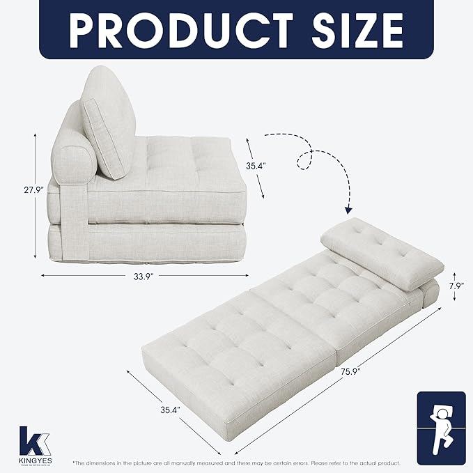 KINGYES Folding Chair Bed, 3 in 1 Convertible Sleeper Chair with Pillow, Foldable Futon Chair for Living Room, Beige
