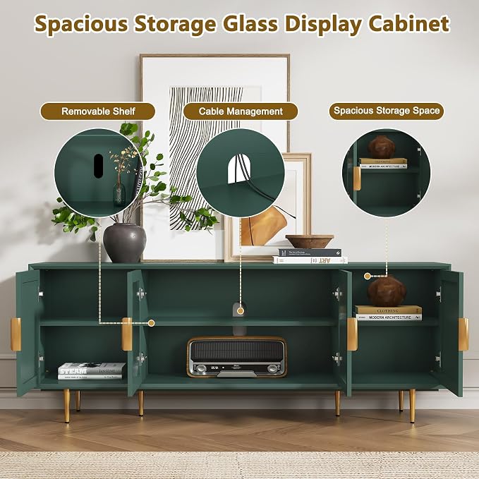 66" TV Stand for 75 Inch TV, Minimalist Media Console with Adjustable Shelves, Modern Entertainment Center with Storage for Living Room Bedroom, Green - Image 3