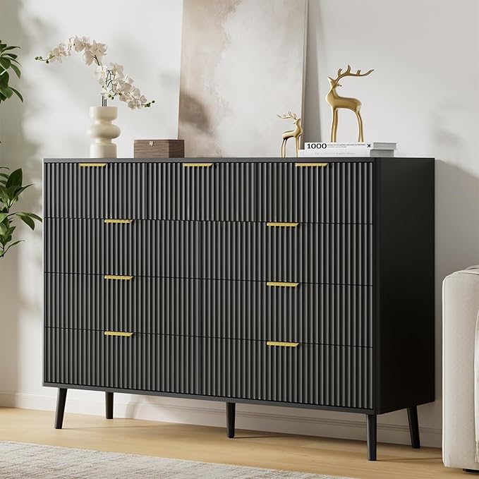 LYNSOM Fluted Dresser and Nightstand Set, 3 Pieces Bedroom Set, 55 Inch Wide 9-Drawer Dresser & 2-Drawer Nightstands Set of 2, Modern Dressers Set for Bedroom, Hallway, Black