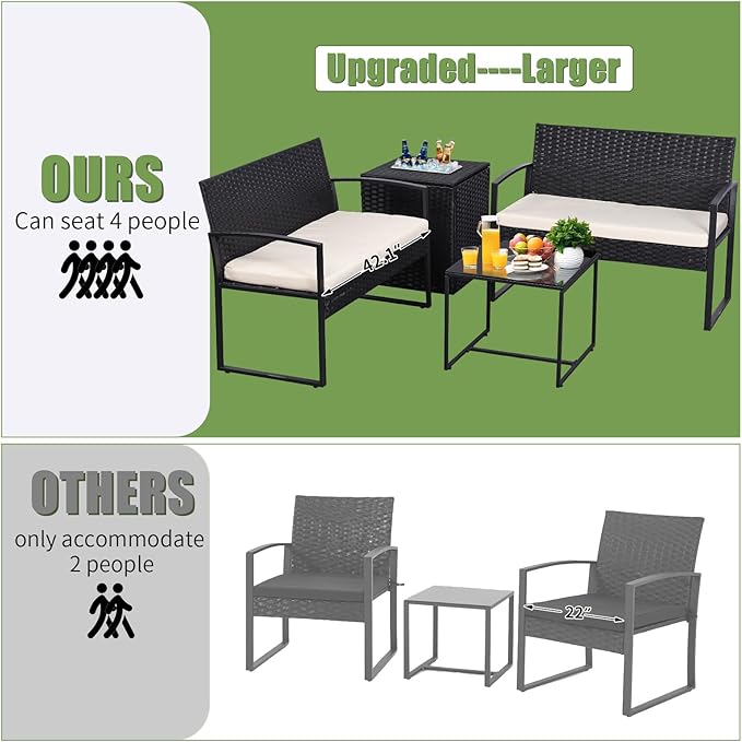FHFO 4 Piece Outdoor Patio Furniture Set with Built-in Beverage Cooler Storage Box, Wicker Conversation Sets Patio Outdoor Loveseats & Coffee Table for Outside, Garden, Balcony, Porch, Black/Beige