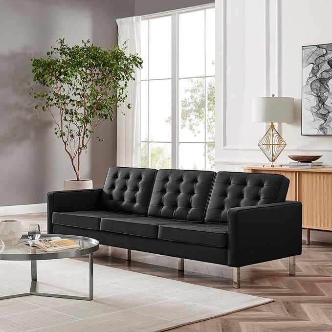 Modway EEI-3385-SLV-BLK Loft Tufted Button Faux Leather Upholstered Sofa in Silver Black