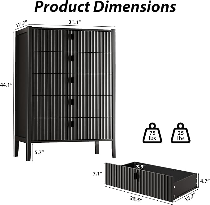 MAISONARIA 3-Piece Dresser Bedroom Set, 5 Drawer Dresser & 2 Drawer Nightstands with Metal Handles, Fluted Wood Chest of Drawers for Bedroom, Living Room, Entryway, Black