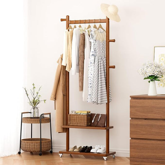 Taitiy Coat Rack Freestanding Clothing Rack with Wheels & 2 Shelves Storage & 5 Hooks Heavy Duty Clothes Rack Wood Coat Tree Stand Hat Hanger Rack for Corner Bedroom Entryway Living Room Hotel Size L by Taitiy